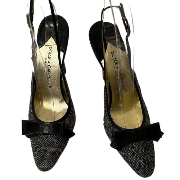 Dolce & Gabbana Black & Gray Tweed Slingback Heels Black Bow Wooden Heels Size 6 - Picture 3 of 13
